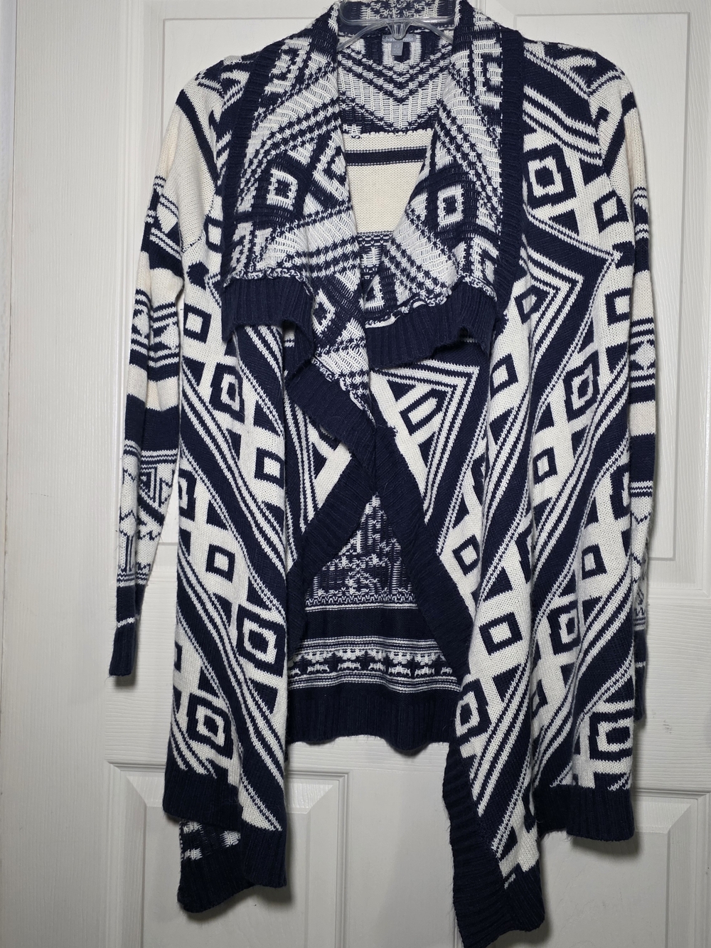 Navy and White Geometric Open-Front Women's Sweater